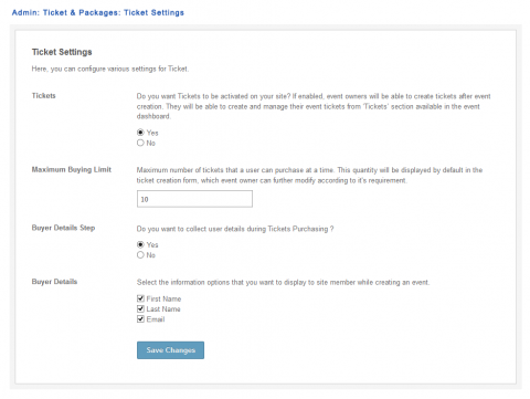 Admin: Ticket & Packages: Ticket Settings