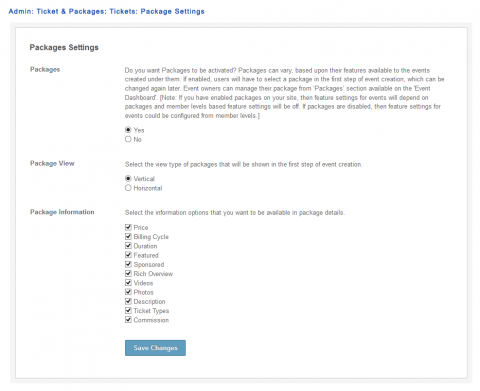 Admin: Ticket & Packages: Tickets: Package Settings