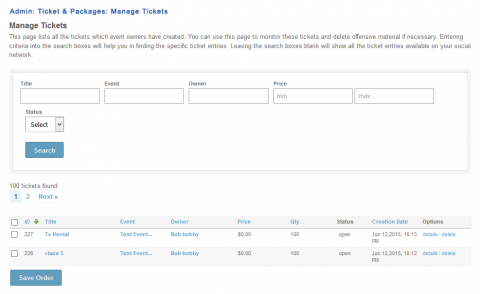 Admin: Ticket & Packages: Manage Tickets