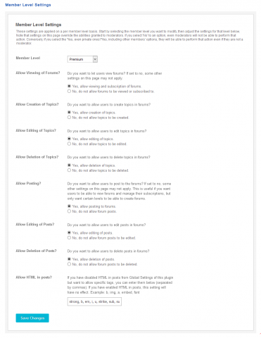 Admin: Member Level Settings