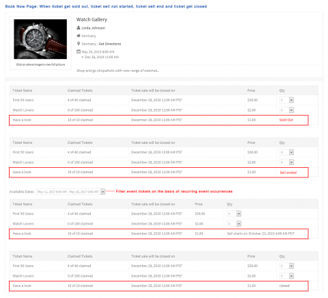 Book Now Page: When ticket get sold out, ticket sell not started, ticket sell end and ticket get closed