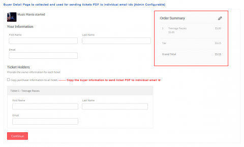 Buyer Detail Page to collected and used for sending tickets PDF to individual email ids [Admin Configurable]