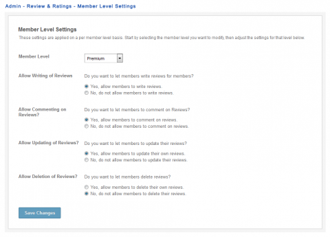 Admin - Review & Ratings - Member Level Settings