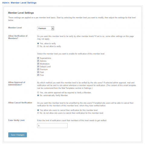 Admin: Member Level Settings