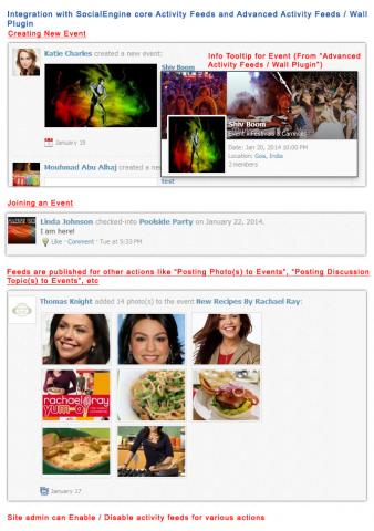 Integration with SocialEngine core Activity Feeds and Advanced Activity Feeds / Wall Plugin 