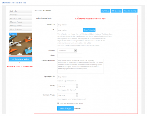 Channel Dashboard: Edit Info