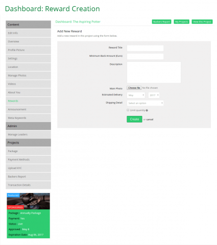Dashboard: Reward Creation