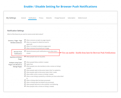 Enable / Disable Setting for Browser Push Notifications