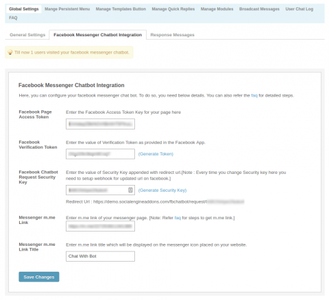 Admin: Global Settings - Facebook Messenger Chatbot Integration