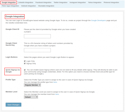 Admin: Social Sites Integration