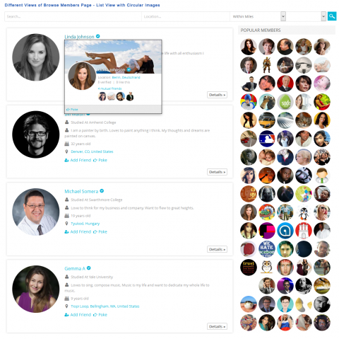 Different Views of Browse Members Page - List View with Circular Images