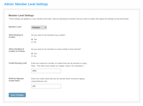 Admin: Member Level Settings