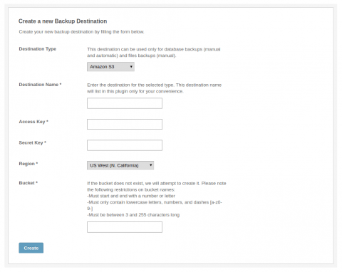 Admin: Create New Destination - Amazon S3