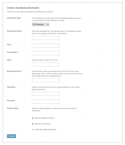 Admin: Create New Destination - FTP Directory