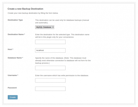 Admin: Create New Destination - MySQL Database