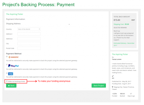 Proejct's Backing Process: Payment