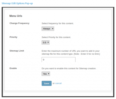 Sitemap: Edit Options Pop-up