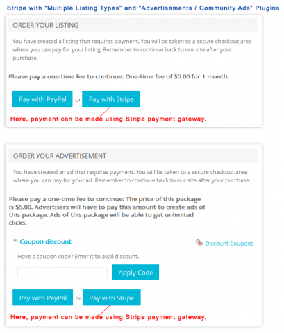Stripe with 'Multiple Listing Types’ and ‘Advertisements / Community Ads’ Plugins