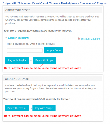 Stripe with 'Advanced Events’ and ‘Stores / Marketplace - Ecommerce’ Plugins