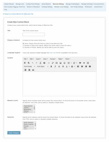 Admin: Welcome Settings - Create New Custom Block