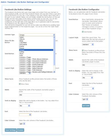 Admin: Facebook Like Button Settings and Configurator