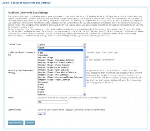 Admin: Facebook Comments Box Settings