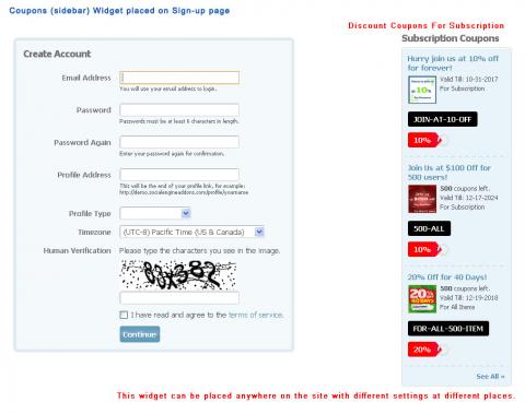 Coupons (sidebar) Widget placed on Sign-up page