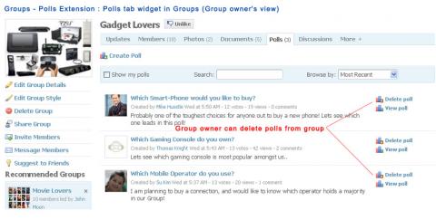 Groups - Polls Extension : Polls tab widget in Groups (Group owner's view)