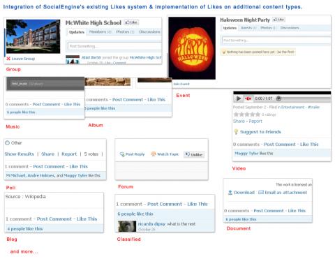 Integration of SocialEngine's existing Likes system & implementation of Likes on additional content types.