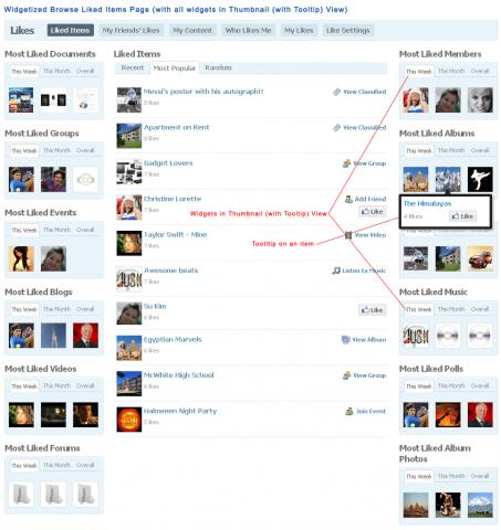 Widgetized Browse Liked Items Page (with all widgets in Thumbnail (with Tooltip) View)