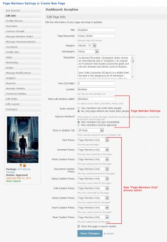 Page Members Settings in Create New Page