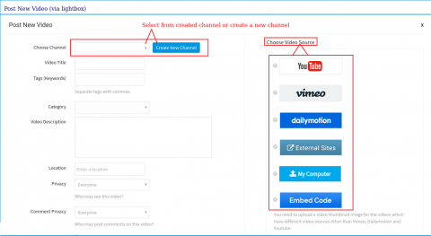 Post New Video (via lightbox)