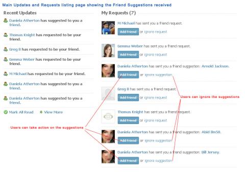 Main Updates and Requests listing page showing the Friend Suggestions received
