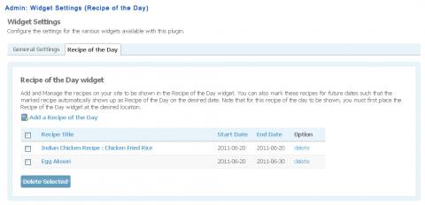 Admin: Widget Settings (Recipe of the Day)