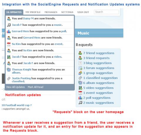 Integration with the SocialEngine Requests and Notification Updates systems