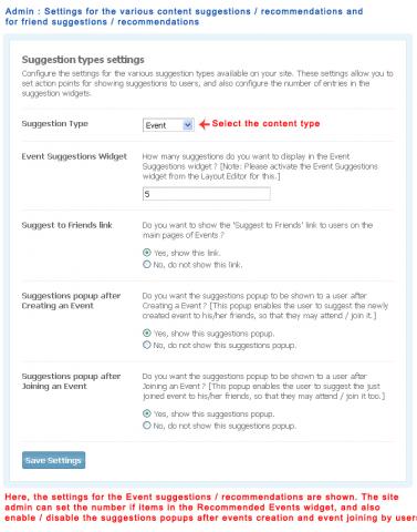 Admin : Settings for the various content suggestions / recommendations and for friend suggestions / recommendations