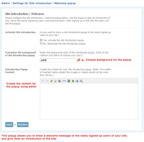 Admin : Settings for Site Introduction / Welcome popup