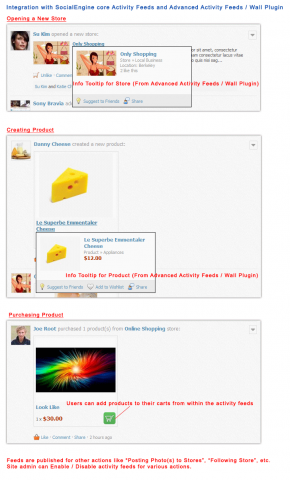 Integration with SocialEngine core Activity Feeds and Advanced Activity Feeds / Wall Plugin